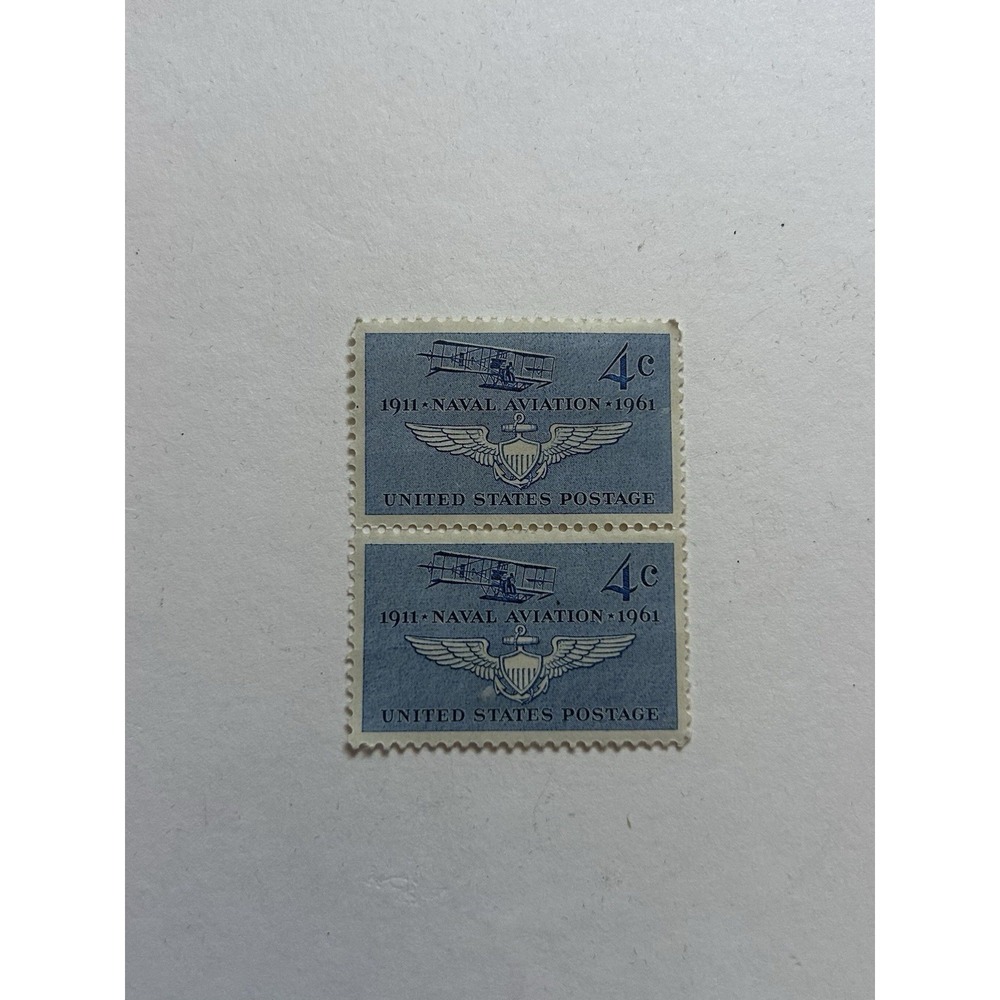 US 1961 Naval Aviation 4c Blue Stamp Pair (8c Face) Mint No Gum MNG